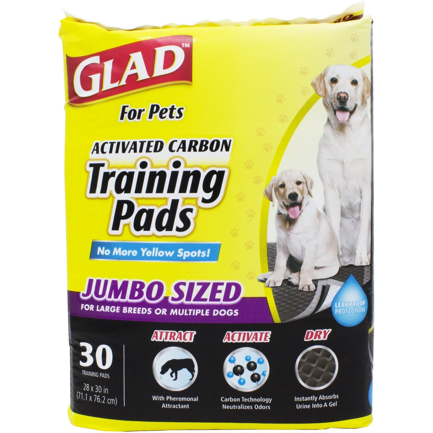 Glad For Pets Activated Carbon Jumbo Dog Training Pads, 28 X 30-in, 30 Count, Unscented 3 Glad For Pets Activated Carbon Jumbo Dog Training Pads, 28 X 30-in, 30 Count, Unscented
