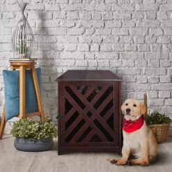 Casual Home Modern Lattice Single Door Furniture Style Dog Crate & End Table