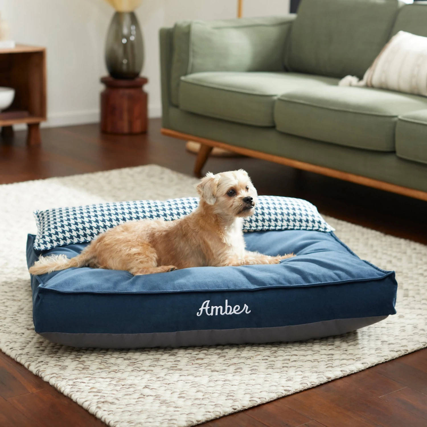 Frisco Personalized Navy Bolstered Bed With Navy Check Bolster 3 Frisco Personalized Navy Bolstered Bed With Navy Check Bolster