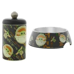 STAR WARS THE MANDALORIAN THE CHILD Aurebesh Ceramic Treat Jar & STAR WARS THE MANDALORIAN GROGU AUREBESH Non-Skid Stainless Steel With Melamine Stand Dog & Cat Bowl