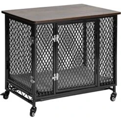 Aivituvin Side End Table Furniture Style Dog Crate With Tray, Cushion & Casters