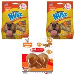 Nylabone Power Chew Pretzel Dog Toy Bacon & Peanut Butter, 1 + Nylabone Natural Nubz Large Chicken Dog Treat, 8 Count, 2