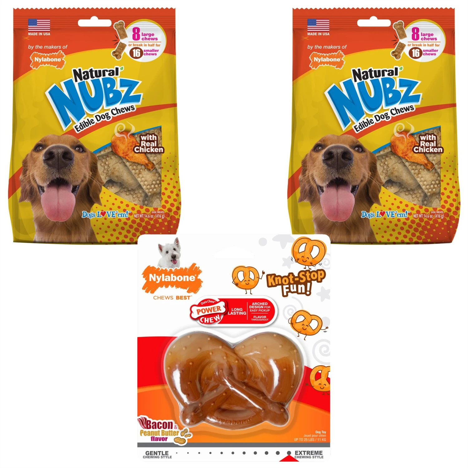 Nylabone Power Chew Pretzel Dog Toy Bacon & Peanut Butter, 1 + Nylabone Natural Nubz Large Chicken Dog Treat, 8 Count, 2 3 Nylabone Power Chew Pretzel Dog Toy Bacon & Peanut Butter, 1 + Nylabone Natural Nubz Large Chicken Dog Treat, 8 Count, 2
