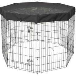 MidWest Wire Dog Exercise Pen With Step-Thru Door, Black E-Coat & MidWest Exercise Pen Top Fabric Mesh Sunscreen Accessory, Octagonal Configuration, Black -Pet Dog Supply Store 939326 PT6. AC SS1800 V1691785953